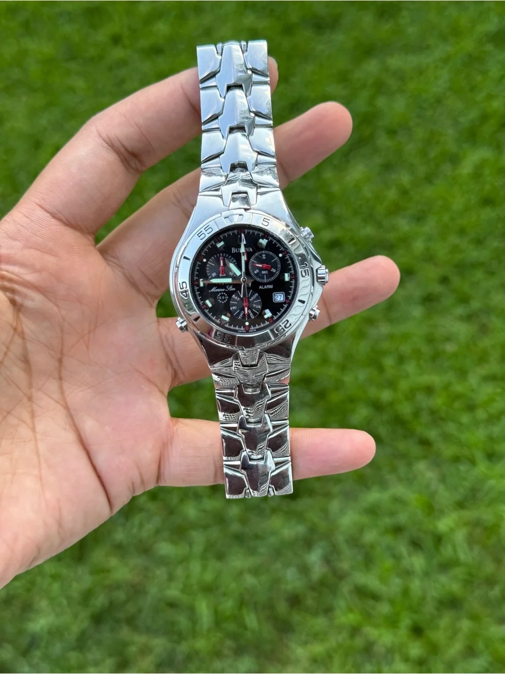 Bulova marine star Silver men’s  Watch with Black Dial and Red Accents